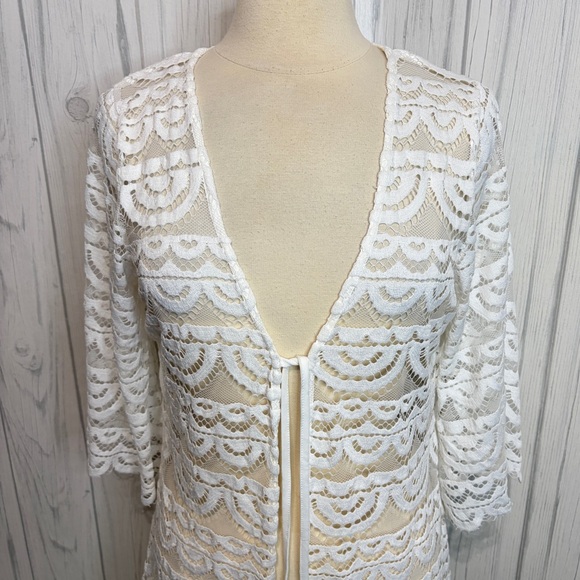 SPIAGGIA DOLCE White Crochet Kimono Swim Coverup Tassel Tie Front, Large - Picture 2 of 12